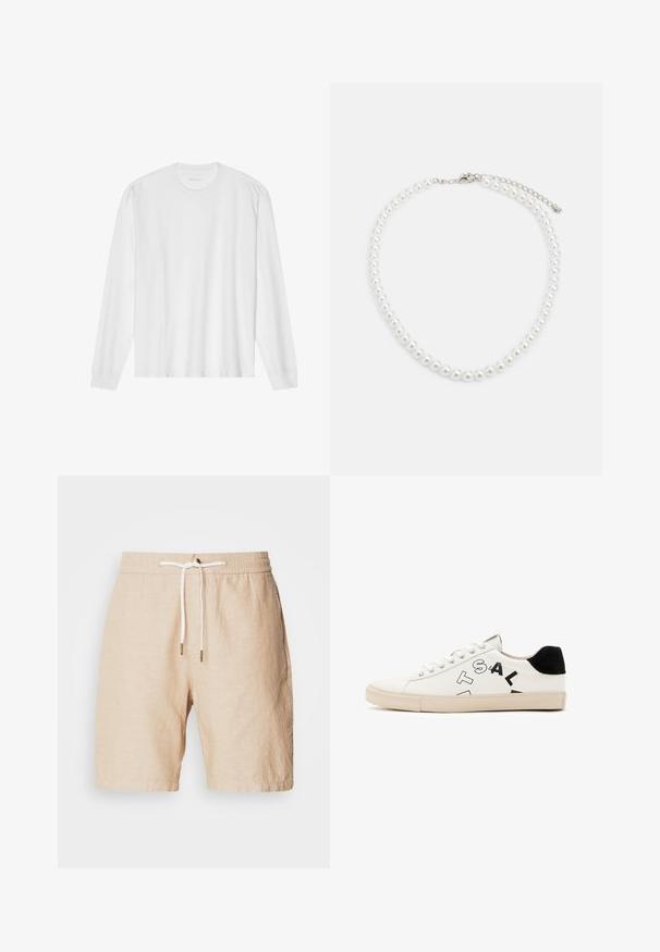 Long-sleeve white cotton t-shirt with a crew neck and ribbed cuffs. Simple, unembellished design, featuring smooth texture and standard fit.; Beige linen shorts with an elastic waistband, adjustable drawstring, and side pockets. Smooth texture, knee-length cut, minimal detailing.; White leather sneaker with black accents at the heel, featuring bold black lettering on the side and a rubber sole. Minimalist design.; White pearl necklace with a uniform round shape, smooth surface, and metal clasp with an extension chain for adjustable length.