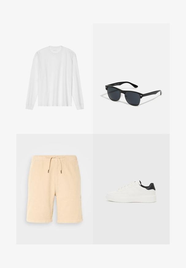 T-shirt en coton blanc à manches longues avec un col rond et des poignets côtelés. Design simple et sans ornements, avec une texture lisse et une coupe standard.; Shorts en velours côtelé beige avec une taille élastique et un cordon de serrage. Dispose de poches latérales et d'une coupe droite. Texture douce et finition lisse.; Sneakers en cuir blanc avec motif embossé, semelle intermédiaire texturée blanche et accent noir au talon. Présentent une pointe arrondie et des lacets plats.; Lunettes de soleil noires de forme rectangulaire, verres foncés, accents argentés aux tempes et finition mate sur la monture.