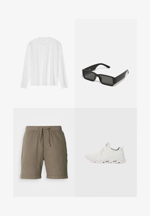 T-shirt bianca a maniche lunghe in cotone con colletto rotondo e polsi a coste. Design semplice e senza fronzoli, con texture liscia e vestibilità standard.; Pantaloni corti in lino beige con vita elasticizzata e cordoncino. Presentano tasche laterali e orli risvoltati per un fit rilassato.; Scarpe atletiche bianche con tomaia in maglia testurizzata, lacci piatti e una suola ammortizzata con camere d'aria visibili per un supporto aggiuntivo.; Occhiali da sole neri con lenti rettangolari, montatura in plastica opaca e bordi dritti. Presentano il logo del marchio sulla parte interna del braccio.