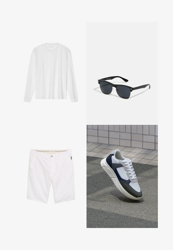 Bela bombažna majica z dolgimi rokavi in posadnim izrezom ter rebrastimi manšetami. Preprost, neokrašen dizajn, ki se ponaša z gladko teksturo in standardnim krojem.; Bele hlače z zadrgo in gumbom, dvema stranskima žepoma ter teksturirano tkanino z diskretnimi površinskimi šivi.; Bela, mornarsko modra in siva športna obutev z mešano materialno zasnovo, ki vključuje teksturirano zgornji del, ravne vezalke in oblazinjen podplat.; Črne sončne naočare pravokotne oblike, temna leča, srebrni detajli na ušesih in mat površina na okvirju.