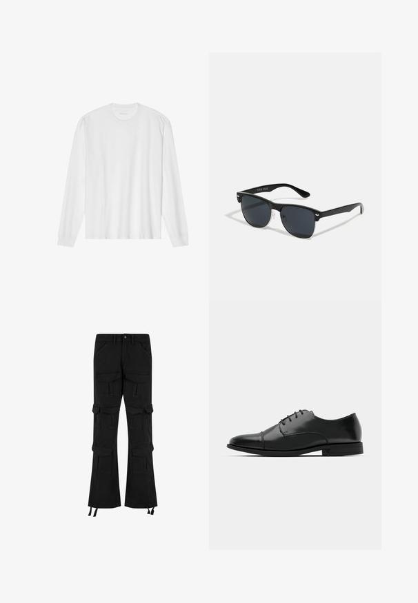 Ilgos rankovės baltas medvilnės marškinėliai su apvaliu kaklu ir raukšlėtomis rankovėmis. Paprastas, be puošmenų dizainas, turintis lygią tekstūrą ir standartinę prigludimą.; Juodi džinsiniai cargo keliai, turintys kelias kišenes, plačią kojų dizainą ir reguliuojamas raištelių detales apatinėje dalyje.; Juodas odinis džinsinis batų modelis su apvaliu galiuku, raišteliu ir subtiliomis siūlėmis, taip pat žemu kulnu. Lygus pavirčius su blizgiu apdaila.; Juodos saulės akinių su stačiakampiu rėmeliu, tamsiais lęšiais, sidabrinėmis detalėmis šventrajose ir matinio paviršiaus rėmeliu.