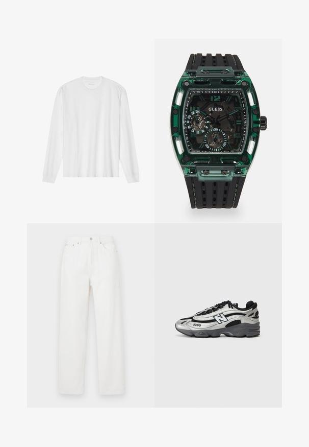 T-shirt en coton blanc à manches longues avec un col rond et des poignets côtelés. Design simple et sans ornements, avec une texture lisse et une coupe standard.; Pantalons en denim blanc à coupe ample, avec un design à cinq poches, une fermeture à bouton à l'avant et des jambes droites. Texture lisse, sans motifs visibles.; Baskets de sport argent et noir avec une tige en mesh, une semelle rembourrée, un design à lacets, et un détail de marque sur le côté.; Montre Guess avec un boîtier rectangulaire en plastique vert, un bracelet en caoutchouc texturé noir, et plusieurs cadrans avec de grands chiffres et accents.