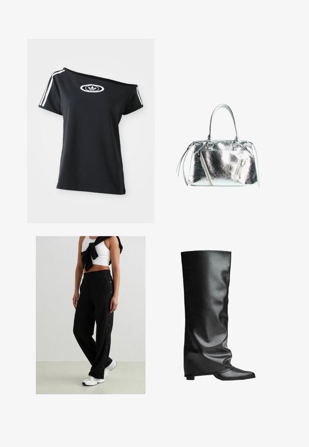 Černé tričko s odhalenými rameny a krátkými rukávy, se bílým logem Adidas a třemi bílými pruhy na ramenech. Hladká textilie.; Bílý krajkový body s dlouhými rukávy, vystupující s tkaným vzorem a nízkým designem na zádech, úzký ke vysokému vykrojení na nohou.; Černé sportovní kalhoty se zapínáním na bočních knoflících, elastickým pasem a dvěma bočními kapsami. Tkanina vypadá jemně s hladkým povrchem.; Černé kožené vysoké boty na kolena s hladkým povrchem, uvolněným designem, špičatou špičkou a nízkým čtvercovým podpatkem. Minimalistický styl bez viditelné kovové aplice.; Metalická stříbrná kabelka se strukturovaným tvarem, dvěma horními uchy a zipovými kapsami na přední straně. Hladký, lesklý povrch.