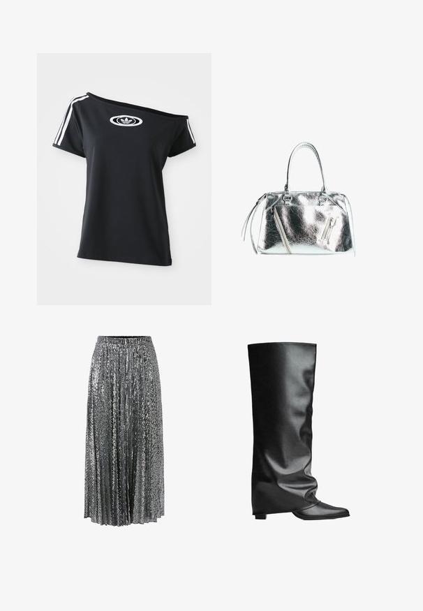 T-shirt noire à épaule dénudée avec des manches courtes, présentant un logo Adidas blanc et trois bandes blanches le long des épaules. Texture de tissu lisse.; Jupe argentée à sequins, design plissé, taille élastique, longueur au sol, texture réfléchissante et détails scintillants sur toute sa surface.; Bottes en cuir noir allant jusqu'au genou avec une texture lisse, un design flou, un bout pointu et un petit talon carré. Style minimaliste sans quincaillerie visible.; Sac à main argenté métallique avec une forme structurée, deux poignées supérieures et des poches zippées à l'avant. Texture lisse et brillante.