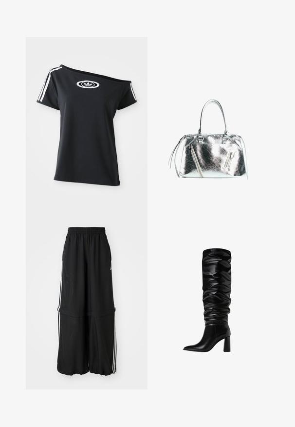 T-shirt nera off-shoulder con maniche corte, caratterizzata dal logo Adidas bianco e tre strisce bianche lungo le spalle. Tessuto liscio.; Pantaloni atletici neri con cintura elastica, strisce laterali e vestibilità ampia con orlo arricciato per una silhouette fluida.; Stivali neri in pelle alti fino al ginocchio con un design morbido, punta affusolata e tacco largo, caratterizzati da una texture liscia e lucida.; Borsa a mano in argento metallico con forma strutturata, due manici superiori e tasche con zip sul davanti. Texture liscia e lucida.