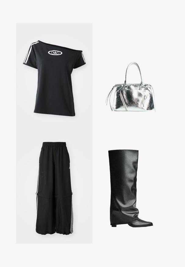 Fekete, vállat szabadon hagyó póló rövid ujjakkal, fehér Adidas logóval és három fehér csíkkal a vállnál. Simább anyagtextúra.; Fekete sportnadrág elasztikus derékrésszel, oldalsó csíkokkal és laza szabással, amely összegyűrt szegéllyel rendelkezik a légies sziluett érdekében.; Fekete bőr, térdig érő csizmák sima felülettel, laza szabással, hegyes orral és alacsony négyzetes sarokkal. Minimalista stílus, látható hardver nélkül.; Fémes ezüst színű táska, strukturált formával, két felső fogantyúval és cipzáros zsebekkel az elülső oldalon. Simább, fényes textúra.