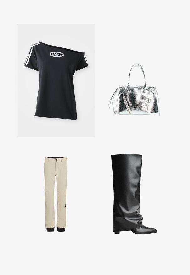 Zwart off-shoulder T-shirt met korte mouwen, met een wit Adidas-logo en drie witte strepen langs de schouders. Soepele stoftextuur.; Beige skibroek met een subtiel gemarmerd patroon, ritsen bij de boorden en zwarte accenten aan de onderkant. Bevat twee knopen bij de taille.; Zwarte leren laarzen tot de knie met een gladde textuur, een slonzek ontwerp, puntige neus en een lage vierkante hak. Minimalistische stijl zonder zichtbare hardware.; Metalen zilveren handtas met een gestructureerde vorm, twee bovenhandvaten en ritszakken aan de voorkant. Gladde, glanzende textuur.