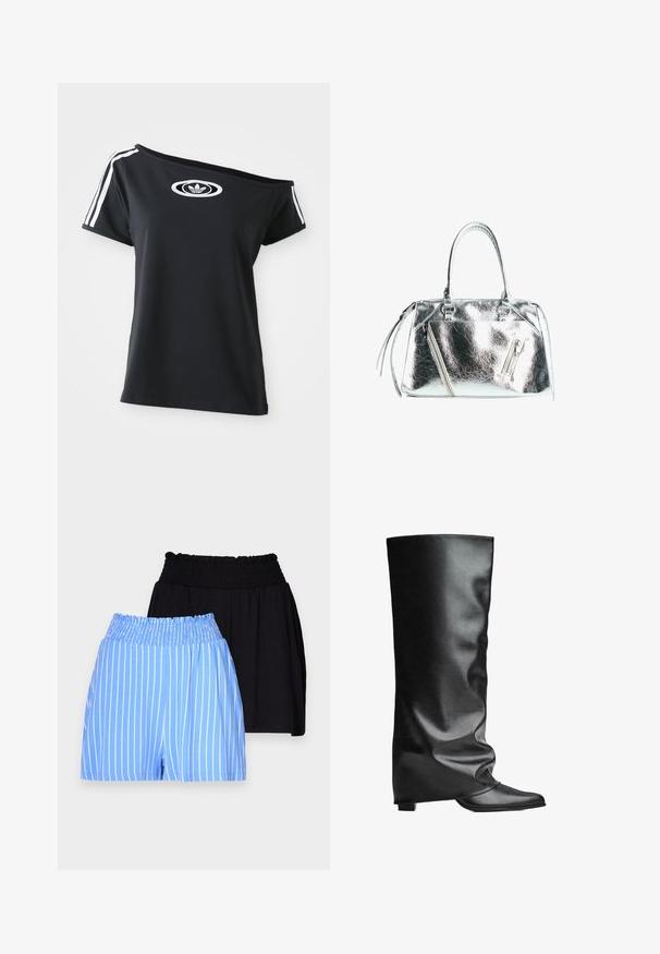 Mustat olkapäiltä avonaiset T-puserot lyhyillä hihoilla, joissa on valkoinen Adidas-logo ja kolme valkoista raitaa olkapäillä. Sujuva kangas.; Kaksi paria elastisilla vyötäröillä varustettuja shortsit: toiset vaaleansinisiä valkoisilla pystyraidoilla ja toiset täysin mustat. Molemmat on valmistettu pehmeästä kankaasta.; Mustat nahkaiset polven yli ulottuvat saappaat, joissa on sileä pinta, löysä muotoilu, terävä sääntö ja matala neliömäinen korko. Minimalistinen tyyli ilman näkyvää metalliosaa.; Metallinen hopeinen käsilaukku, jossa on rakenteellinen muoto, kaksi ylhäällä olevaa kahvaa ja vetoketjulliset taskut edessä. Sujuva, kiiltävä pinta.