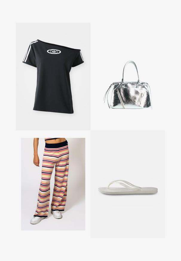 Zwart off-shoulder T-shirt met korte mouwen, met een wit Adidas-logo en drie witte strepen langs de schouders. Soepele stoftextuur.; Gestreepte gebreide wijde broek heeft horizontale strepen in roze, geel, marineblauw en wit, met een marineblauwe ribbelband en een zachte textuur.; Witte flip-flops met een gestructureerde zool, featuring dunne bandjes en een vlak ontwerp. Gemaakt van rubber met een subtiel logo op de voetbed.; Metalen zilveren handtas met een gestructureerde vorm, twee bovenhandvaten en ritszakken aan de voorkant. Gladde, glanzende textuur.
