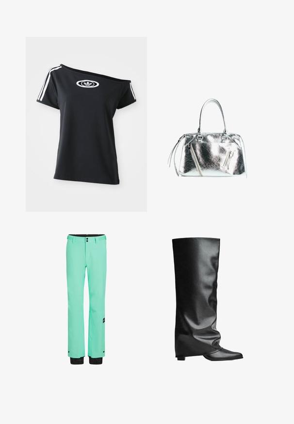 Zwart off-shoulder T-shirt met korte mouwen, met een wit Adidas-logo en drie witte strepen langs de schouders. Soepele stoftextuur.; Mintgroene skibroeken met een slank ontwerp, voorzien van een zwarte tailleband, twee knopen en een zwarte accent bij de boorden voor verstelbaarheid.; Zwarte leren laarzen tot de knie met een gladde textuur, een slonzek ontwerp, puntige neus en een lage vierkante hak. Minimalistische stijl zonder zichtbare hardware.; Metalen zilveren handtas met een gestructureerde vorm, twee bovenhandvaten en ritszakken aan de voorkant. Gladde, glanzende textuur.