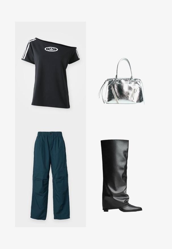 Czarny t-shirt typu off-shoulder z krótkim rękawem, z białym logo Adidas oraz trzema białymi paskami na ramionach. Gładka tekstura materiału.; Turkusowe spodnie cargo z elastycznym pasem, dwiema bocznymi kieszeniami i luźnym krojem. Wykonane z lekkiego materiału, z detalami przeszycia.; Czarne skórzane kozaki do kolan o gładkiej fakturze, luźnym kroju, spiczastym nosku i niskim kwadratowym obcasie. Minimalistyczny styl bez widocznych elementów metalowych.; Metaliczna srebrna torba o sztywnym kształcie, z dwoma uchwytami na górze i kieszeniami zapinanymi na zamek z przodu. Gładka, błyszcząca tekstura.