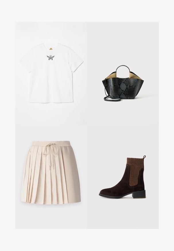 White cotton t-shirt featuring a small black logo with wings and "MCM" at the center front. Short sleeves and crew neck design.; Pleated skirt in light beige, made of soft fabric. Features an elastic waistband with a drawstring and vertical pleats for texture.; Brown suede ankle boot with a textured brown ribbed knit upper, smooth finish, low block heel, and pull tab at the heel for ease of wear.; Black and gray snakeskin pattern handbag with a structured design, dual handles, and an adjustable shoulder strap. Features a beige interior.