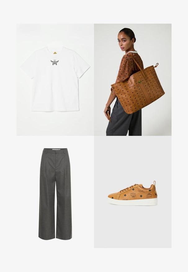 T-shirt in cotone bianco con un piccolo logo nero con ali e "MCM" al centro davanti. Design a maniche corte e colletto rotondo.; Pantaloni a gamba larga grigi realizzati in tessuto testurizzato, con vita alta e pieghe frontali, senza tasche visibili o dettagli in metallo.; Sneaker in pelle marrone con suole in gomma bianca a contrasto, caratterizzate da motivi a rombo neri e loghi MCM di lato. Include lacci e un'etichetta posteriore.; Grande borsa tote beige con un motivo in rilievo, caratterizzata da una superficie liscia, manici piatti e un accento in hardware di tonalità dorata.