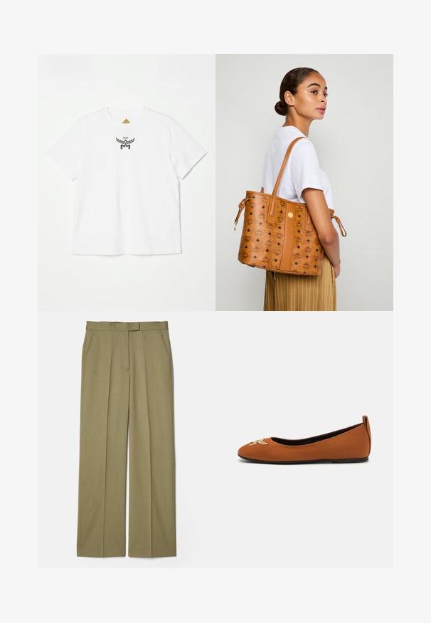 Witte katoenen t-shirt met een klein zwart logo met vleugels en "MCM" in het midden van de voorkant. Korte mouwen en een ronde hals.; Khaki plooibroek met een recht model, gemaakt van textuurstof, voorzien van twee zijzakken en een gladde tailleband.; Bruine ballerina van glad materiaal met een ronde neus, voorzien van een decoratief geborduurd ontwerp op de neus en een lage hak.; Vrouw in een wit shirt en gestreepte broek die een tan leren tote bag met zwarte logo's over haar schouder draagt, zijwaarts gekeerd.