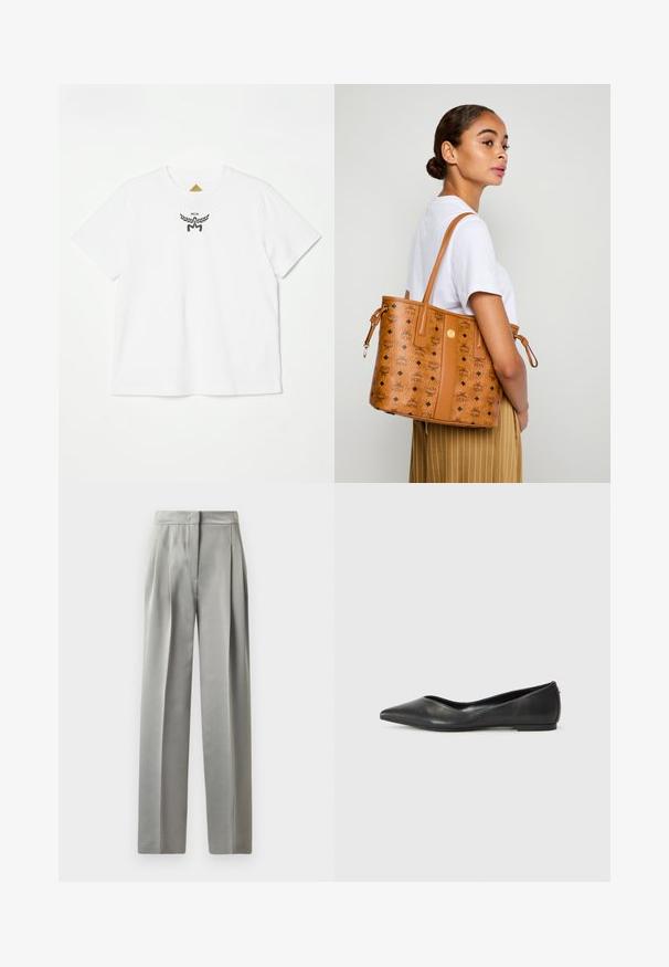 T-shirt en coton blanc avec un petit logo noir avec des ailes et "MCM" au centre devant. Conçu avec des manches courtes et un col rond.; Pantalons tailleur gris clair avec une texture lisse, dotés de plis à l'avant, d'une coupe évasée et d'une taille ajustée.; Ballerines en cuir noir avec un bout pointu, un talon bas et une texture lisse. Design minimal avec une subtile accent latéral.; Femme en chemise blanche et pantalon rayé portant un cabas en cuir tan avec des logos noirs sur son épaule, de profil.