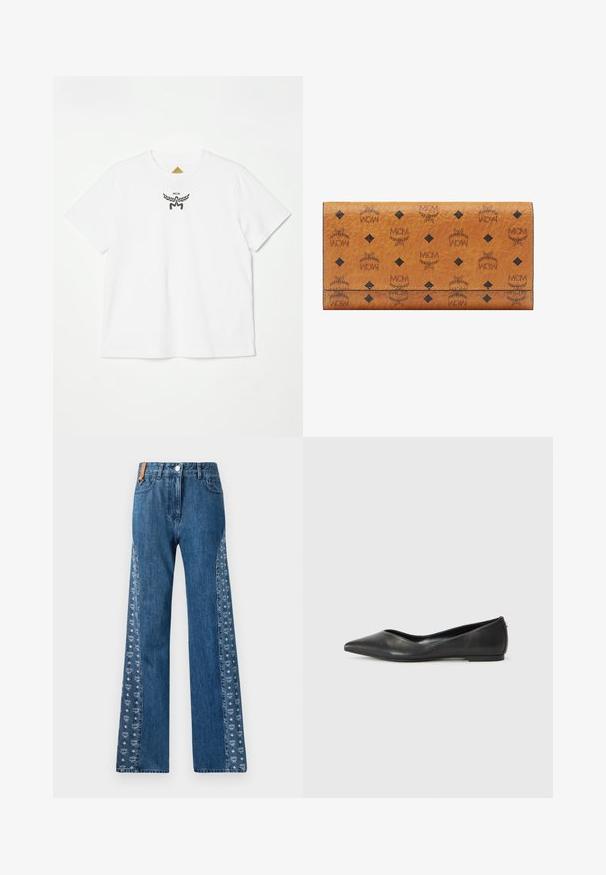 Camiseta blanca de algodón con un pequeño logo negro con alas y "MCM" en el centro frente. Diseño de manga corta y cuello redondo.; MCM Vaqueros rectos - blue; Bailarina de cuero negro con puntera afilada, tacón bajo y textura suave. Diseño minimalista con un sutil acento lateral.; Cartera de cuero marrón claro con logotipos negros de MCM, que cuenta con un cierre de solapa y acentos de patrón de diamante. Superficie texturizada con bordes cosidos.