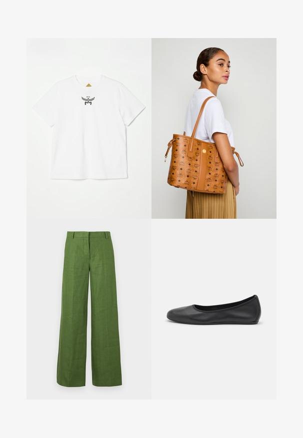 T-shirt in cotone bianco con un piccolo logo nero con ali e "MCM" al centro davanti. Design a maniche corte e colletto rotondo.; Weekend Max Mara MALIZIA - Pantaloni - green; Pantofole da balletto nere in pelle con punta arrotondata, texture liscia, dettagli di cucitura minimi e design con suola flessibile.; Donna in camicia bianca e pantaloni a righe, che porta a spalla una borsa a tracolla in pelle beige con loghi neri, vista di profilo.