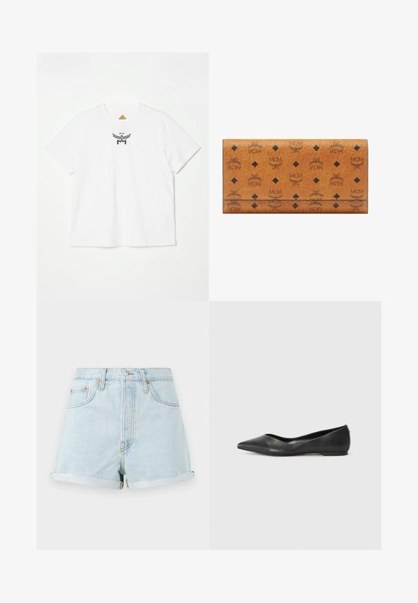 Bijela pamučna majica s malim crnim logotipom s krilima i "MCM" na prednjoj strani. Kratki rukavi i dizajn s okruglim izrezom.; Svijetloplave traper kratke hlače s visokim strukom, preklopnim rubovima, bakrenim zakovicama i prednjim zatvaračem. Imaju klasičan stil s pet džepova.; Crne kožne balerinke s nazupcanim prstom, niskom petom i glatkom teksturom. Minimalistički dizajn s suptilnim bočnim akcentom.; Tamnja kožna novčanik s crnim MCM logotipima, s poklopcem i ukrasima u obliku dijamanta. Tekstura površine s šivanim rubovima.