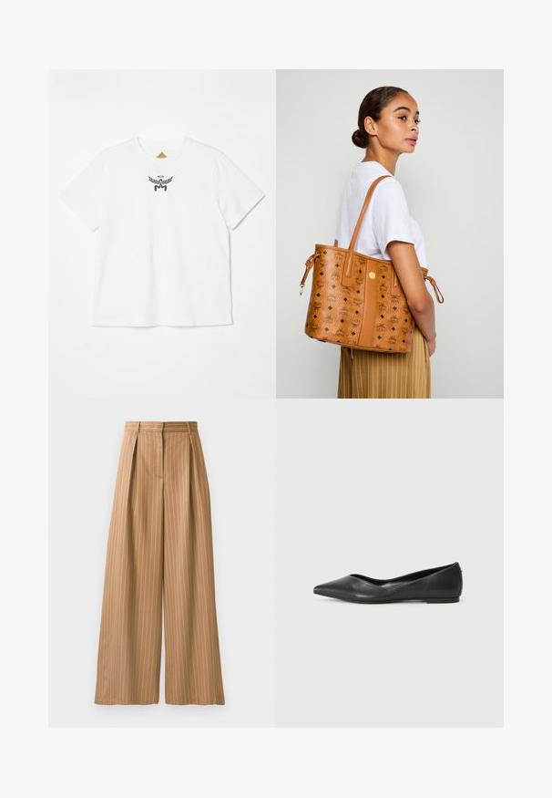 White cotton t-shirt featuring a small black logo with wings and "MCM" at the center front. Short sleeves and crew neck design.; Wide-leg trousers in a tan fabric with vertical white stripes. Features pleats at the waist and a smooth texture.; Black leather ballet flat with a pointed toe, low heel, and smooth texture. Minimal design with a subtle side accent.; Woman in white shirt and striped pants carrying a tan leather tote bag with black logos over her shoulder, facing sideways.