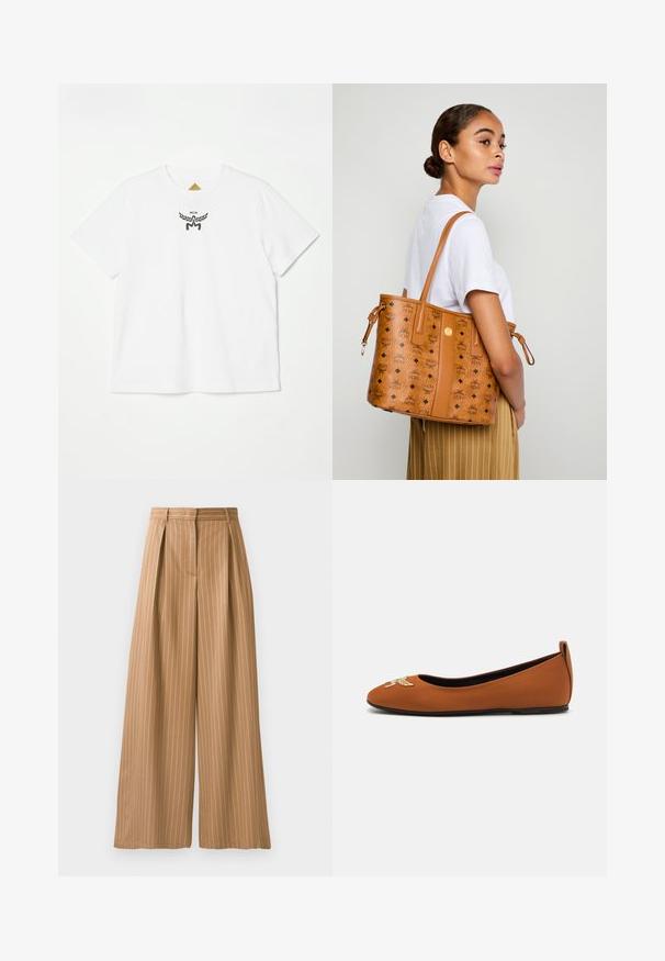 Valkoinen puuvillapaita, jossa on pieni musta logo siivillä ja "MCM" keskellä etuosaa. Lyhyet hihat ja pyöreä kaula-aukkosuunnittelu.; Vetskari leveälahkeiset housut vaaleanruskeasta kankaasta, jossa on pystysuuntaisia valkoisia raitoja. Vyötäröllä on laskoksia ja kangas on sileä.; Ruskea balettikenkä, joka on valmistettu sileästä materiaalista, pyöristetyn varvasosan kanssa. Kenkässä on koristeellinen brodeerattu kuvio varvassa ja matala korko.; Nainen, jolla on päällä valkoinen paita ja raidalliset housut, kantaa tan väristä nahkaista olkalaukkua, jossa on mustia logoja, olallaan ja seisoo sivuttain.