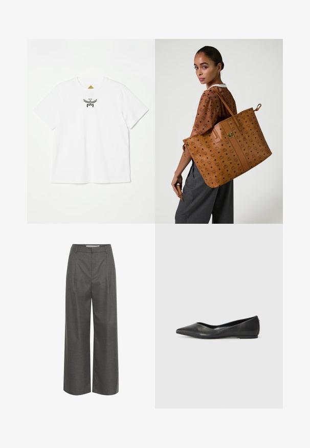 Vit bomull t-shirt med en liten svart logotyp med vingar och "MCM" i mitten fram. Kort ärm och rundad halsdesign.; Grå vida byxor i texturerat tyg, med hög midja och framtill vikkna, utan synliga fickor eller metallic detaljer.; Svart läderballettskor med spetsig tå, låg klack och slät yta. Minimalistisk design med en subtil sidopunkt.; Stort tanfärgat tote-väska med ett präglat mönster, med en slät yta, platta remmar och en accent i guldfärgad hårdvara.