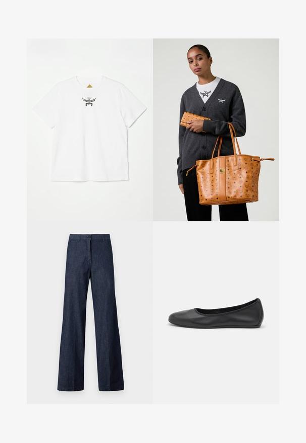 T-shirt in cotone bianco con un piccolo logo nero con ali e "MCM" al centro davanti. Design a maniche corte e colletto rotondo.; Pantaloni a gamba larga in denim scuro con chiusura frontale a bottone, due tasche laterali e una texture liscia. Il tessuto presenta una leggera lucentezza.; Pantofole da balletto nere in pelle con punta arrotondata, texture liscia, dettagli di cucitura minimi e design con suola flessibile.; Donna che indossa un cardigan grigio scuro e una camicia bianca, mentre tiene una borsa a tracolla in pelle color beige e un portafoglio abbinato con stampa del logo.; Portafoglio in pelle marrone con loghi MCM neri, dotato di chiusura a patta e accenti a motivo a diamante. Superficie strutturata con bordi cuciti.