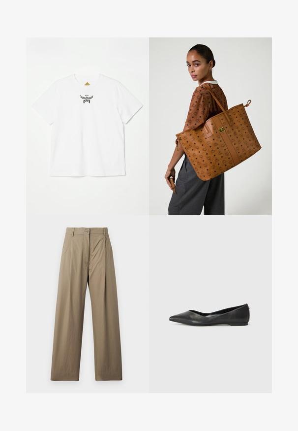 T-shirt en coton blanc avec un petit logo noir avec des ailes et "MCM" au centre devant. Conçu avec des manches courtes et un col rond.; Pantalons larges couleur khaki en mélange de coton, dotés d'une fermeture à bouton, de poches latérales et d'une texture lisse avec un léger éclat.; Ballerines en cuir noir avec un bout pointu, un talon bas et une texture lisse. Design minimal avec une subtile accent latéral.; Femme avec des cheveux tirés en arrière portant un grand sac fourre-tout marron à motifs et une petite pochette assortie, vêtue d'un t-shirt marron avec logo et d'un pantalon gris.