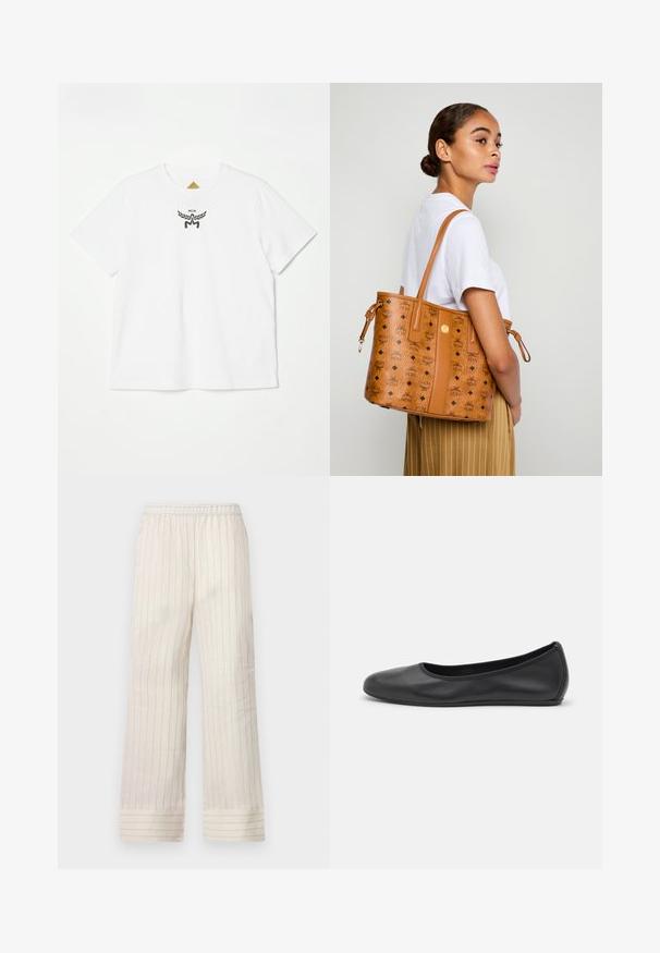 White cotton t-shirt featuring a small black logo with wings and "MCM" at the center front. Short sleeves and crew neck design.; Light beige wide-leg pants with vertical pinstripes, elastic waistband, and cuffed hems. Made from a smooth, soft fabric.; Black leather ballet flat with a rounded toe, smooth texture, minimal stitching detail, and a flexible sole design.; Woman in white shirt and striped pants carrying a tan leather tote bag with black logos over her shoulder, facing sideways.