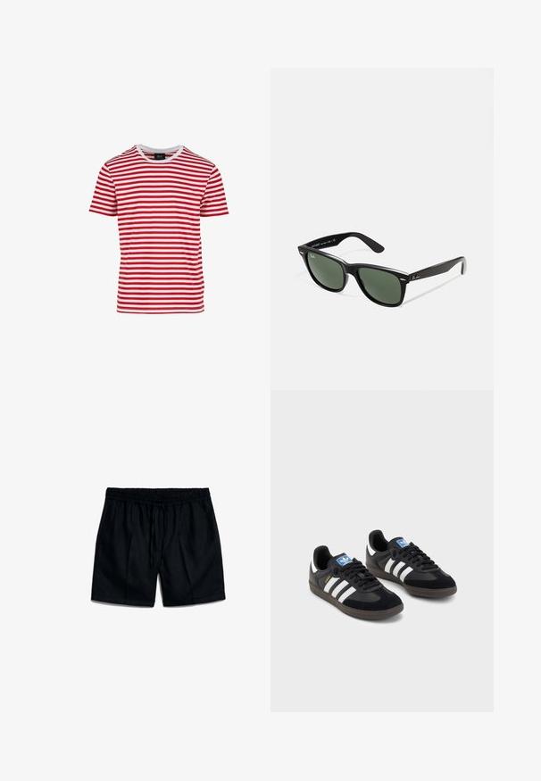 T-shirt à manches courtes rayé rouge et blanc avec un col rond, fabriqué en tissu à texture lisse. Présente des rayures horizontales régulières.; Shorts en lin noirs avec une taille élastique, un cordon de serrage et deux poches latérales. Présentent des plis et des ourlets roulés.; Des baskets noires avec une tige en suède et en matériaux synthétiques, dotées de trois rayures blanches, d'une semelle en caoutchouc texturé et d'une étiquette de logo bleue sur la languette.; Lunettes de soleil en plastique noir avec verres verts, monture carrée, accent argenté sur le sourcil et branches texturées. Marque indiquée sur l'intérieur de la branche.