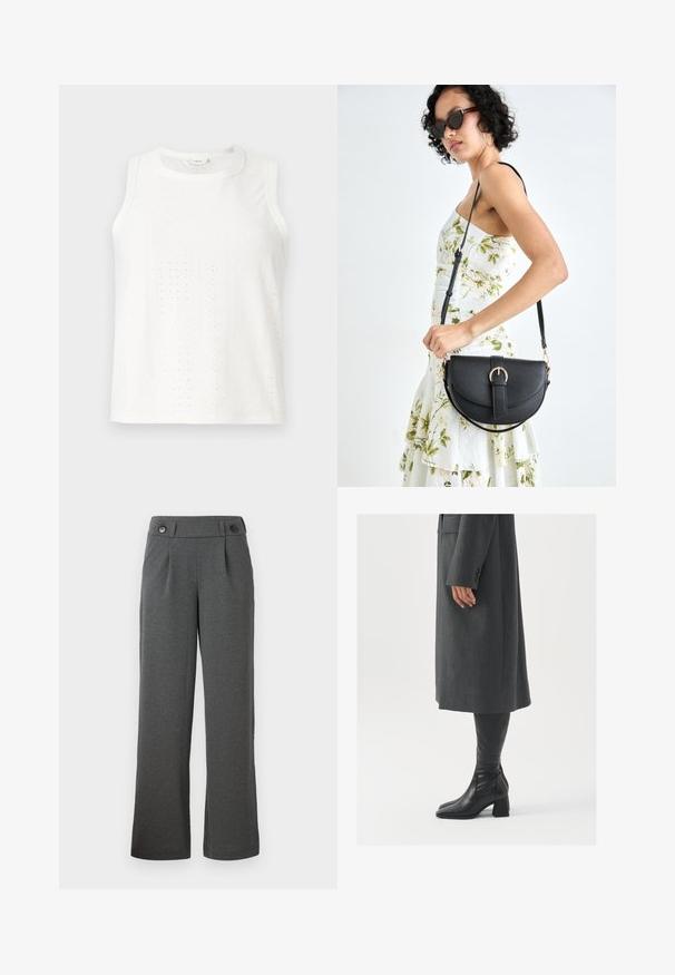 Top branco sem mangas com padrões de ilhós, gola redonda e corte reto. Feito de um tecido leve com uma textura suave.; Calças largas cinzentas feitas de tecido texturizado, com uma cintura alta, pregas frontais e dois botões na cintura.; Casaco cinza, ajustado, com corte reto; combinado com botas de couro pretas até ao joelho, com biqueira quadrada e salto grosso.; Bolsa de couro preta com forma curva, alça destacável e detalhes em dourado. A bolsa possui uma aba com detalhe de fivela.