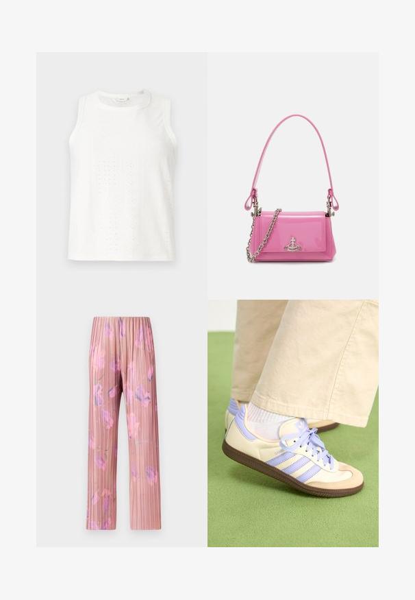 Biela tielko bez rukávov s očkovými vzormi, okrúhlym výstrihom a rovný strih. Vyrobené z ľahkej látky s hladkou textúrou.; MAX&Co. TOSCA - Nohavice - pastel rose; Krémovo-fialové tenisky so tromi pruhmi a štruktúrovanou hnedou podrážkou, s šnúrkami a polstrovaným opätkom. Mäkký textilný zvršok.; Ružový lesklý kožený kabelka s obdĺžnikovým tvarom, odnímateľným reťazovým popruhom a striebornými kovovými detailmi na prednej strane.