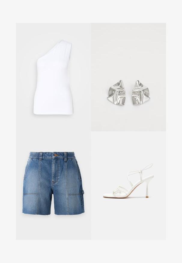 Top sin mangas asimétrico blanco con diseño de un solo hombro, confeccionado en tejido suave, que presenta una silueta ajustada y bordes limpios.; Shorts de mezclilla en azul claro con dobladillo deshilachado, que cuentan con una cintura ajustada, pasadores para cinturón y dos bolsillos frontales.; Sandalia de tacón alto blanca con tiras, con una base plana en la punta, parte frontal texturizada con acentos fruncidos y una delgada correa en el tobillo.; Pendientes de metal plateado con un diseño ondulado y escultórico, que presentan un acabado pulido y formas irregulares, destacando una estética contemporánea.