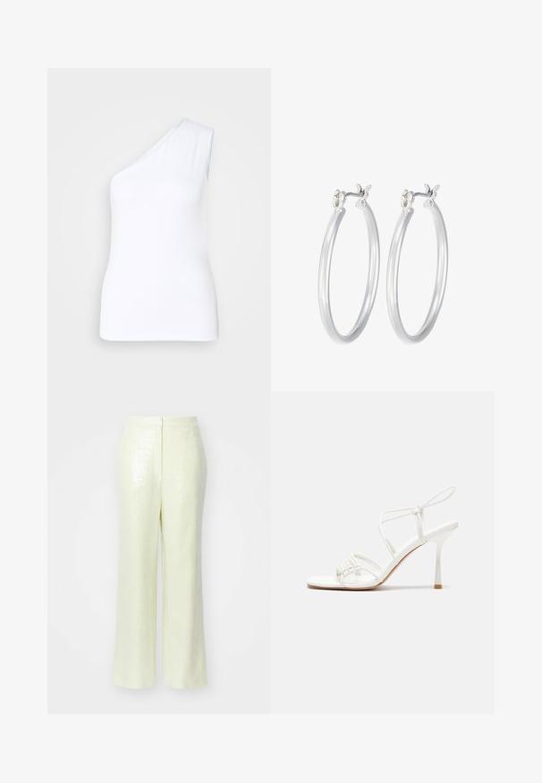 Asymmetric white tank top with one shoulder design, made from smooth fabric, featuring a fitted silhouette and clean edges.; Light yellow, sequined trousers with a wide-leg silhouette, featuring a smooth texture and a discreet back zipper for closure.; White strappy high-heeled sandal with a flat toe base, textured front with gathered accents, and a slim ankle strap.; Silver hoop earrings with a smooth, polished finish. Round shape and secure click-top closure. Lightweight design suitable for everyday wear.