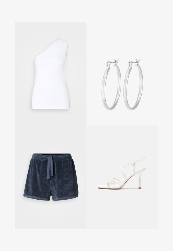 Asimetrinė balta marškinė su viena petneša, pagaminta iš lygios medžiagos, turi siaurą siluetą ir švarius kraštus.; Tamsiai mėlynos teršinio šortai su elastinga juostele, reguliuojamu raiščiu ir mažuoju išsiuvinėtu logotipu šone. Minkšta tekstūra.; Baltas dirželis su aukštu kulnu sandalai su plokščiu pirštu, tekstūruota priekinė dalis su susiraukšlėjimais ir plonas kulkšnies dirželis.; Sidabriniai auskarai su sklandžiu, poliruotu paviršiumi. Apvalios formos ir saugus uždarymo mechanizmas. Lengvas dizainas, tinkantis kasdieniam dėvėjimui.