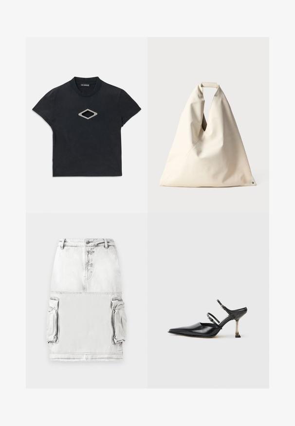 Black short-sleeve cropped t-shirt with a round neckline and a silver diamond-shaped cutout design in the center front.; Denim skirt in light gray with a high waist, front buttons, and two side cargo pockets. Slightly distressed fabric texture.; Black leather point-toe slingback shoe with two adjustable straps and a metallic heel. Smooth texture and minimalist design.; Beige, soft-textured bag with a unique twisted handle and diagonal seam detail. Minimalist design with a round accent at the base.