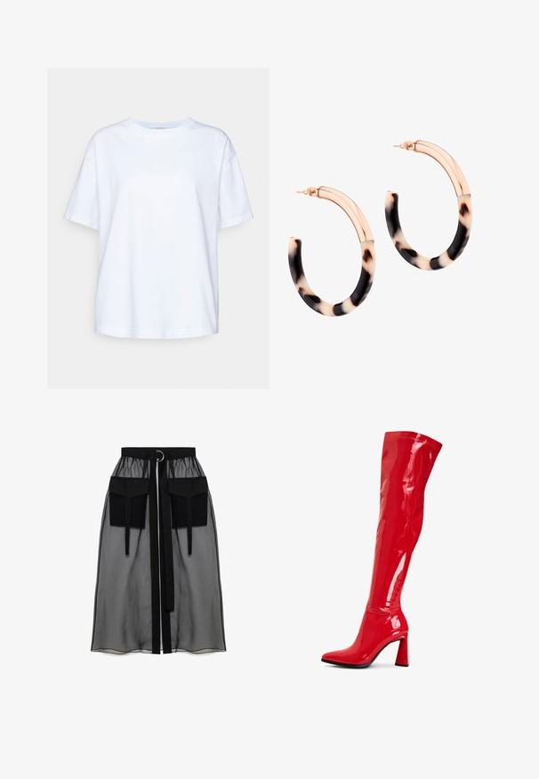 Weißes Baumwoll-T-Shirt mit kurzen Ärmeln, Rundhalsausschnitt, lässiger Passform, glatter Textur und ohne sichtbare Muster oder Akzente.; Schwarzer transparenter Rock mit einem gerafften Taillenbund, der zwei große Fronttaschen, einen Taillenkordel und ein kreisförmiges Metallakzent aufweist.; Rote Lacklederkniehohe Stiefel mit spitzer Zehe und markantem Blockabsatz. Verfügt über eine glänzende Oberfläche und Nahtdetails entlang des Schafts.; Schildpatt-Hoops mit glänzender Oberfläche, versehen mit einem roségoldenen metallischen Oberteil und einer Mischung aus creme- und schwarzen Mustern.