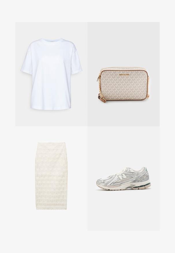 Bílá bavlněná tričko s krátkými rukávy, kulatým výstřihem, volným střihem, hladkou texturou a bez viditelných vzorů nebo akcentů.; Bílá tužková sukně s texturovaným květinovým vzorem, délka midi a úzký střih. Vyrobena z lehkého materiálu s jemným leskem.; Běžecká obuv má stříbrno-bílou síťovou svrchní část s zeleným akcentem. Podešev je robustní a texturovaná, navržená pro tlumení a podporu.; Krémová křížová taška vyrobená z plátna s opakujícím se vzorem loga MK, zlatými kovovými doplňky a řetízkovým popruhem. Obsahuje zipové zapínání a kožené akcenty.