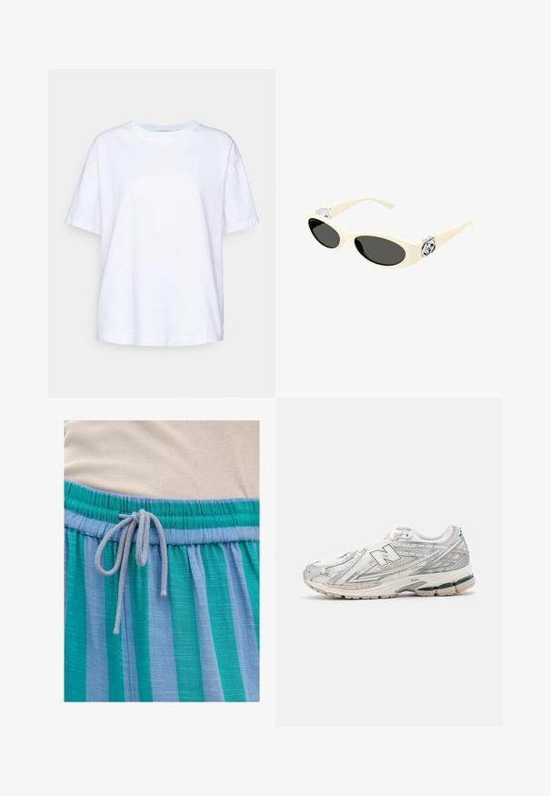 Weißes Baumwoll-T-Shirt mit kurzen Ärmeln, Rundhalsausschnitt, lässiger Passform, glatter Textur und ohne sichtbare Muster oder Akzente.; Leichtes, blau- und grün gestreiftes Gewebe mit einem elastischen Bund und einer Kordelzugverschluss. Texturierte Oberfläche mit subtiler Glanzwirkung.; Laufschuh mit einem silbernen und weißen Mesh-Obermaterial und grünen Akzenten. Die Sohle ist dick und strukturiert, um Dämpfung und Unterstützung zu bieten.; Cremefarbene Sonnenbrille mit ovalen Gläsern, schwarzem Tönung und metallischen Logoakzenten an den Schläfen. Glatte Textur, Cat-Eye-Design.; Goldfarbene rechteckige Uhr mit einem Ziffernblatt aus Perlmutt, römischen Ziffern als Stundenmarkierungen, Datumsanzeige und einem Gliederarmband-Design.