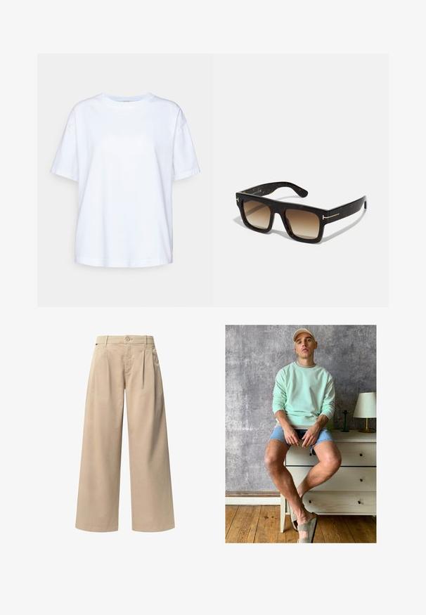 Witte katoenen T-shirt met korte mouwen, ronde hals, ontspannen pasvorm, zachte textuur en zonder zichtbare patronen of accenten.; Beige wijde broek met twee voorplooien, een knoopsluiting en een gladde textuur. Ontworpen voor comfort en een losse pasvorm.; Muntgroene sweatshirt, denim shorts en olijfgroene instappers. Zittend op een lichtgekleurde ladekast tegen een gestructureerde grijze muur.; Schildpad zonnebril met een vierkant frame, een verloop van bruine lenzen en subtiele gouden hardwareaccenten op de slapen.; Gouden rechthoekige horloge met een parelmoer wijzerplaat, Romeinse cijfer uurmarkers, datumanzeige en een schakelarmband ontwerp.