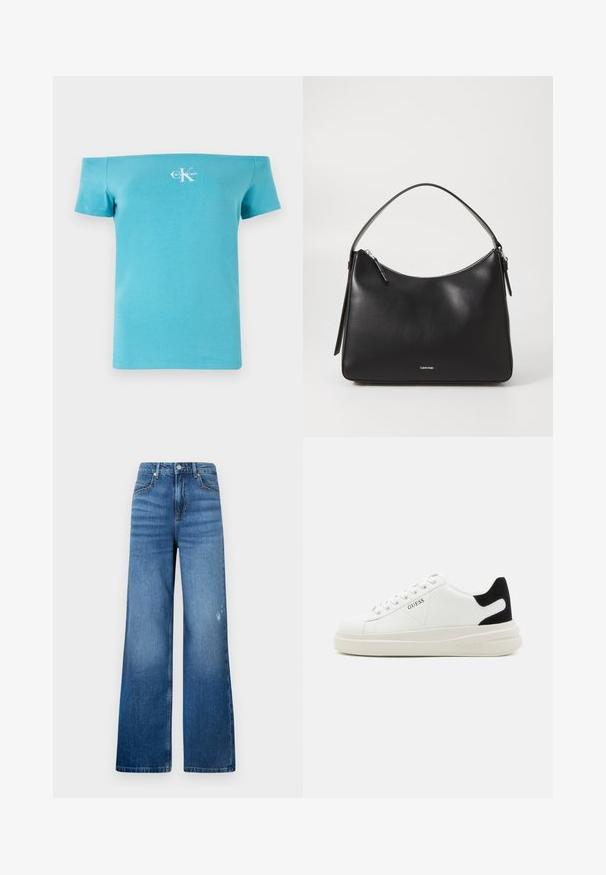 Tricou turcoaz cu umerii goi, realizat din bumbac moale, având mâneci scurte și un grafic alb cu logo-ul pe față.; Jeans din denim albastru cu croială largă și o ușoară decolorare, dotate cu cinci buzunare și o talie standard cu închidere prin buton. Textură netedă.; Adidași din piele albă cu o talpă groasă albă, accent de călcâi din suede negru și logo embosat pe lateral. Design cu șireturi și șase orificii.; Geantă de umăr din piele neagră, cu o textură netedă, vârf curbat, închidere cu fermoar și un logo subtil în față. Dispune de un singur mâner plat.