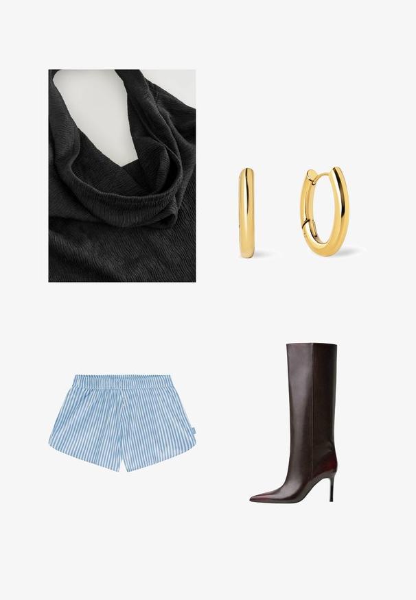 Svart texturerad tyg med ett krinklat mönster, draperat i en löpande design. Materialet verkar mjukt och lätt, vilket förstärker den flödande formen.; Blå och vita randiga shorts med elastisk midja, två knappar framtill och en avslappnad passform. Tyget verkar slätt med en lätt textur.; Bruna läderknähöga stövlar med en spetsig tådesign, slät textur och stilettklack. Sömmar längs sidan.; Guldörhängen med en slät, polerad yta, med en gångjärnsstängning och en rundad, avlång design.