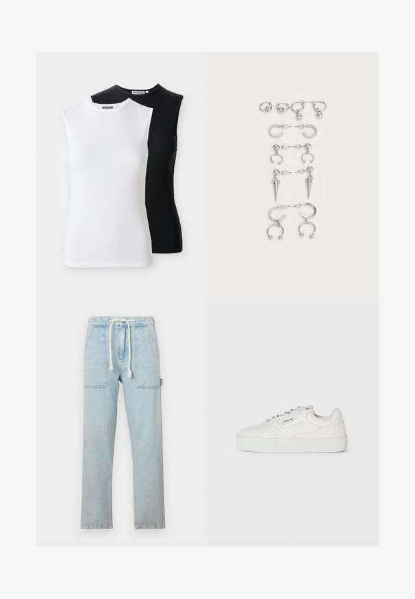 Two sleeveless ribbed tops in white and black. Features a high neckline and a fitted design. Fabric is soft and stretchy. Brand label visible.; Light blue denim joggers with a drawstring waist, two large front pockets, straight leg design, and soft texture.; White low-top sneaker with lace-up design, perforated details, and "CPNHGN" printed on the side, on a plain white background.; Set of silver earrings featuring various designs: hoops, studs, and dangling styles, with ball accents and pointed elements.