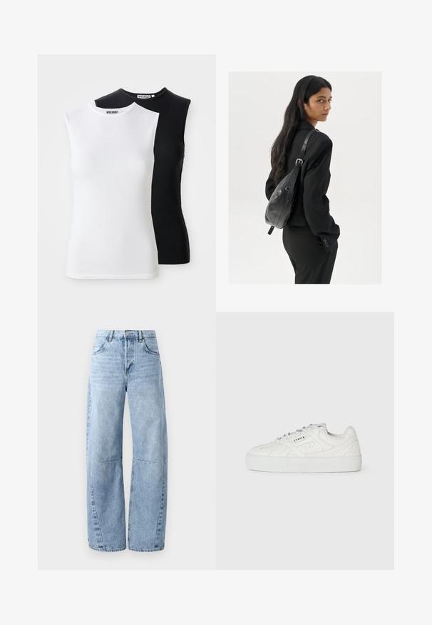 Duas blusas sem mangas em branco e preto. Apresentam um decote alto e um design ajustado. O tecido é suave e elástico. Rótulo da marca visível.; Jeans de pérna larga azul claro, feitos de denim, com cintura alta, cinco bolsos e um desbotado discreto. As pernas apresentam costuras e emendas visíveis.; Sapatilha branca de cano baixo com design de atacador, detalhes perfurados e "CPNHGN" impresso na lateral, em fundo branco liso.; Mulher com cabelo longo e escuro, vestindo um fato preto, carregando uma mala de ombro em pele preta, olhando por cima do ombro contra um fundo branco.