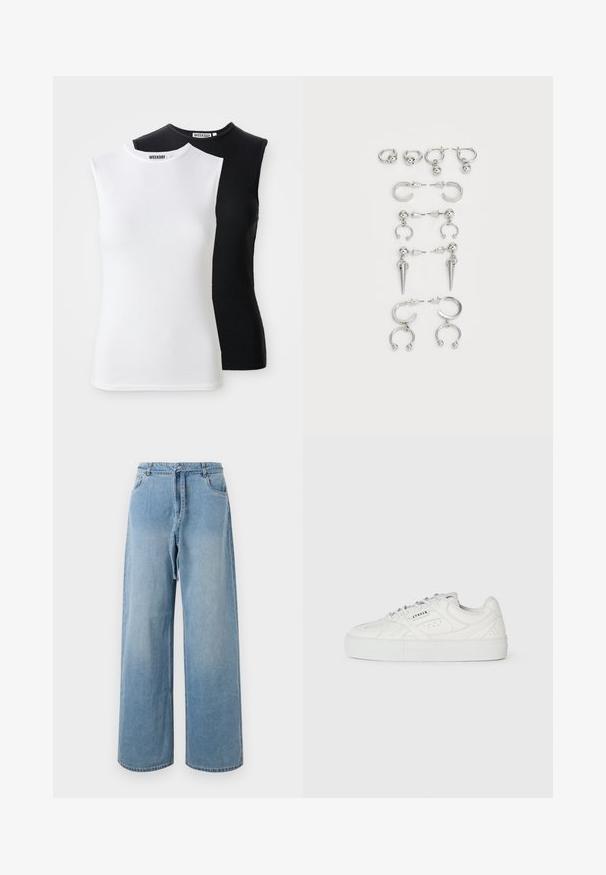 Duas blusas sem mangas em branco e preto. Apresentam um decote alto e um design ajustado. O tecido é suave e elástico. Rótulo da marca visível.; Jeans de ganga de perna larga azul claro com cintura alta, apresentando bolsos frontais, um cinto de laço e uma textura desbotada.; Sapatilha branca de cano baixo com design de atacador, detalhes perfurados e "CPNHGN" impresso na lateral, em fundo branco liso.; Conjunto de brincos de prata com diversos designs: argolas, studs e modelos pendentes, com acentos de bola e elementos pontiagudos.