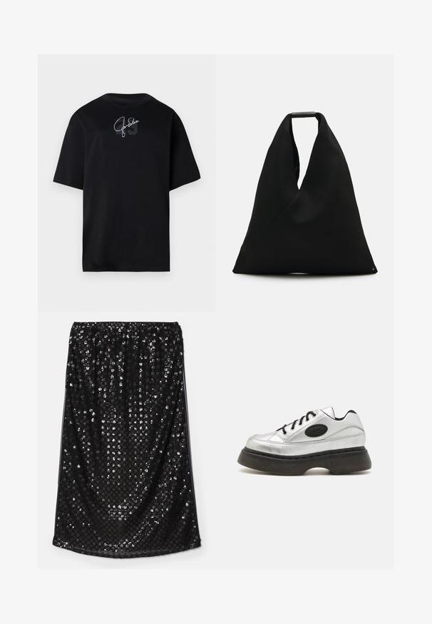 Fekete pamut póló rövid ujjakkal, kerek nyakkivágással, amelyen fehér aláírás nyomat és a 23-as szám található, diszkrét, sötét árnyalatban.; Fekete flitterezett szoknya elasztikus derekú betéttel. Simaszerű textúrával rendelkezik, melyet fényes ezüst flitterek borítanak, ezzel tükröződő felületet létrehozva.; Ezüst bőr sneaker fekete fűzõvel, lekerekített orral és vastag gumi talppal. Különleges logós pamaccsal rendelkezik az oldalon.; Fekete szövet bevásárlótáska egy egyedi V-alakú dizájnnal és sima textúrával. Rövid kezelővel rendelkezik, minimalista fémrészekkel.