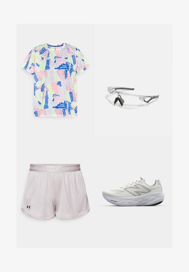 Tričká s krátkym rukávom, z ľahkej sieťoviny s multikolórovou grafickou potlačou, ktorá zobrazuje pamiatky a frázy v modrej, ružovej a zelenej farbe.; Svetlo šedé športové šortky s textúrovanou tkaninou, elastickým pásom so značkou "UNDER ARMOUR" a čiernym logom v dolnom ľavom rohu.; Biele športové topánky s sieťovaným zvrškom, vybavené polstrovaným golierom, textúrovanou podrážkou a brandingom "Fresh Foam" na medzipodrážke.; Priehľadné bezpečnostné okuliare s ľahkým, transparentným rámom a sivými akcentmi. Majú obopínajúci dizajn a nastaviteľný nosník.