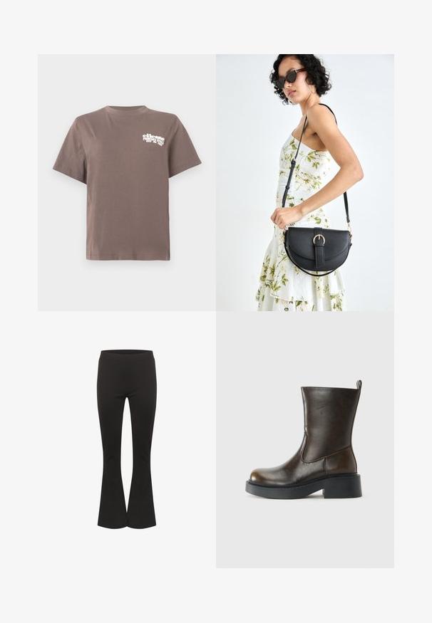 Brown short-sleeve crew neck t-shirt with white "ellesse Italian vintage EST 1959" logo on the left chest.; Black flared pants with a fitted waist and smooth fabric, shown upright against a white background.; Dark brown mid-calf leather boot with a rounded toe, thick black sole, low block heel, and pull tab at the back.; Black leather handbag with a curved shape, detachable strap, and gold hardware. The bag features a flap with a buckle detail.