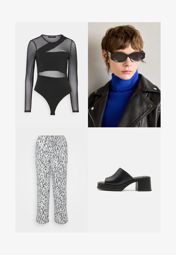 Black bodysuit featuring long sheer sleeves, a fitted design with layered mesh details, and a thong cut at the bottom.; Soft, lightweight pants in white with a navy abstract pattern. Features an elastic waistband with a drawstring for adjustable fit.; Black leather platform mules with a rounded open toe, low block heel, and smooth texture. Minimalist design with sleek lines.; Black sunglasses with rounded edges and tinted lenses. Features gold accent hardware on the temples. Worn with a blue ribbed turtleneck and leather jacket.