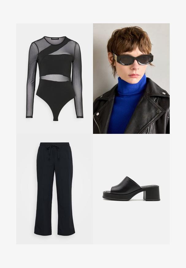 Crni bodi s dugim prozirnim rukavima, prilagođenim dizajnom s višeslojnim mrežastim detaljima i thong krojem na dnu.; Crne, lagane hlače s opuštenim krojem, elastičnom trakicom u struku i detaljem s vezicom. Glatka tekstura i široki kroj nogavica.; Crne kožne platforme mule s zaobljenim otvorenim prstom, niskim blok petama i glatkom teksturom. Minimalistički dizajn s elegantnim linijama.; Crne sunčane naočale s zaobljenim rubovima i zrcalnim lećama. Imaju zlatne akcentne detalje na okvirićima. Nosive su uz plavi rebrasti rolak i kožnu jaknu.