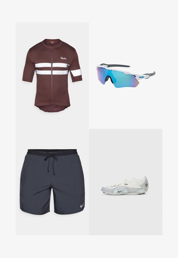 Prune lühikeste varrukatega jalgrattasärk, millel on täispikk tõmblukk, valgete peegelsete triipude ja võrgusilma aktsentidega. Brändi logo on esiküljel.; Nike jooksulühikesed tumedashallid, elastse vöökoha ja paelaga, ning hõbedane logoaktsent paremas allnurgas.; Valged ja hõbedased jalgrattaste kingad, millel on võrkturvas, tekstureeritud detailid, reguleeritavad rihmad ja kummist välistald, mis tagab haarde ja stabiilsuse.; Valged raamidega päikeseprillid, hallide aktsentidega ja siniste peegelprillidega. Sportlik disain, ümber keha kujundus ja reguleeritavad ninasillad.